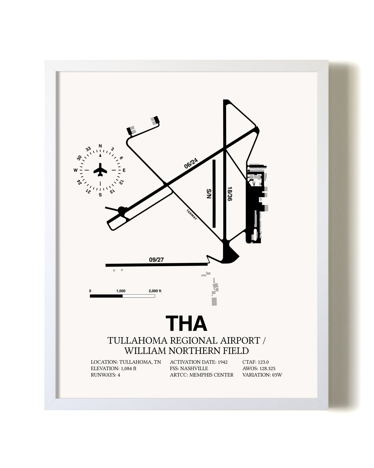 Tullahoma Regional Airport / William Northern Field airport map poster in oak frame