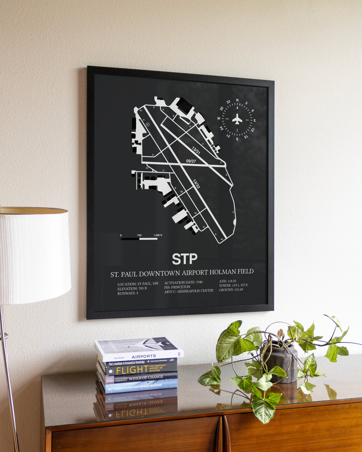 Gray Framed St. Paul Downtown Airport Holman Field wall art poster in black frame