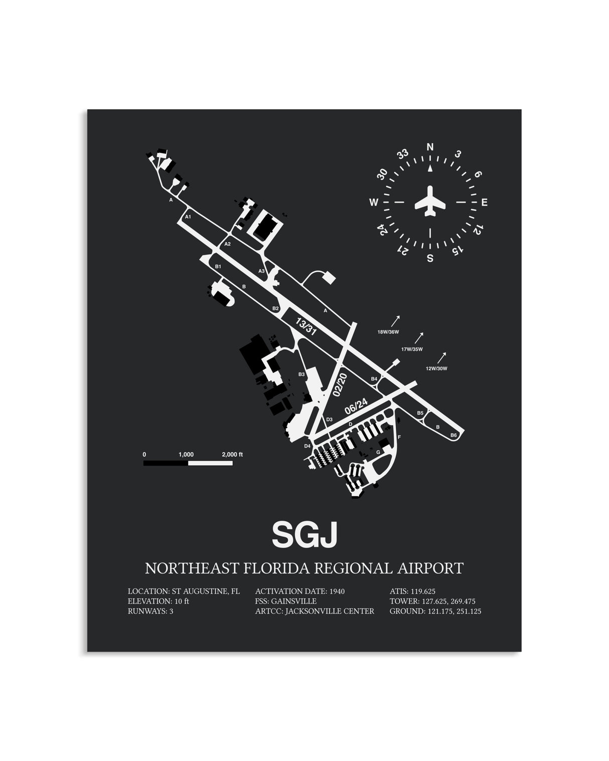 Gray Framed Northeast Florida Regional Airport layout wall art poster
