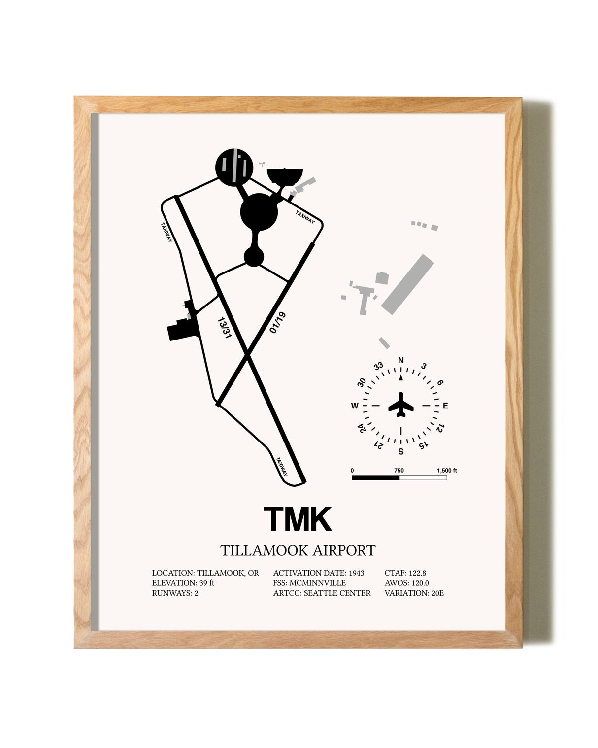 Tillamook Airport framed print in natural wood frame