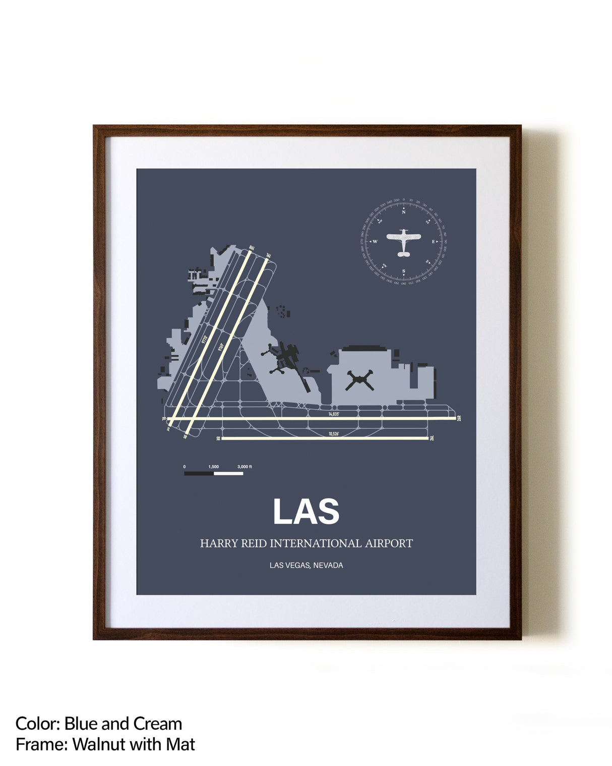 Harry Reid International Airport aviation print in walnut frame with mat