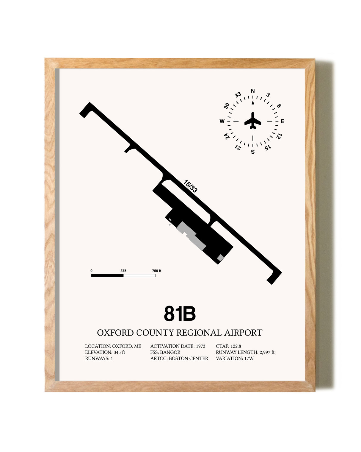 Oxford County Regional Airport framed print in natural wood frame