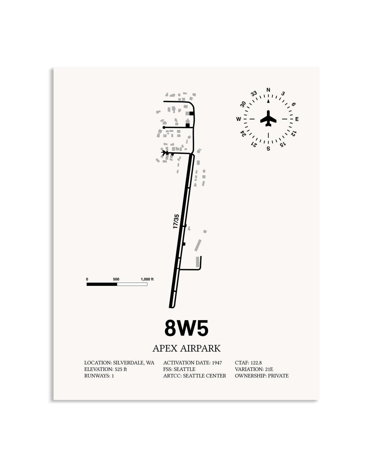 Gray Apex Airpark framed poster displayed in an airplane hangar