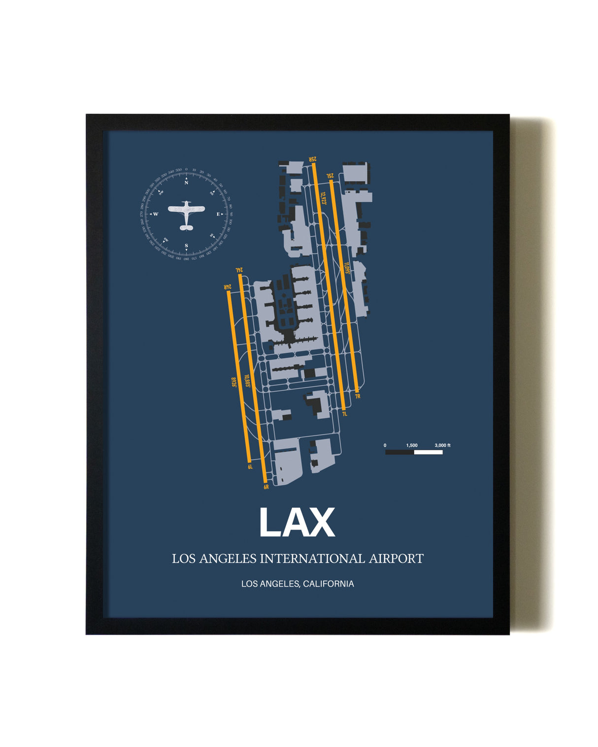 Blue and Yellow Framed Los Angeles International Airport wall art poster in black frame