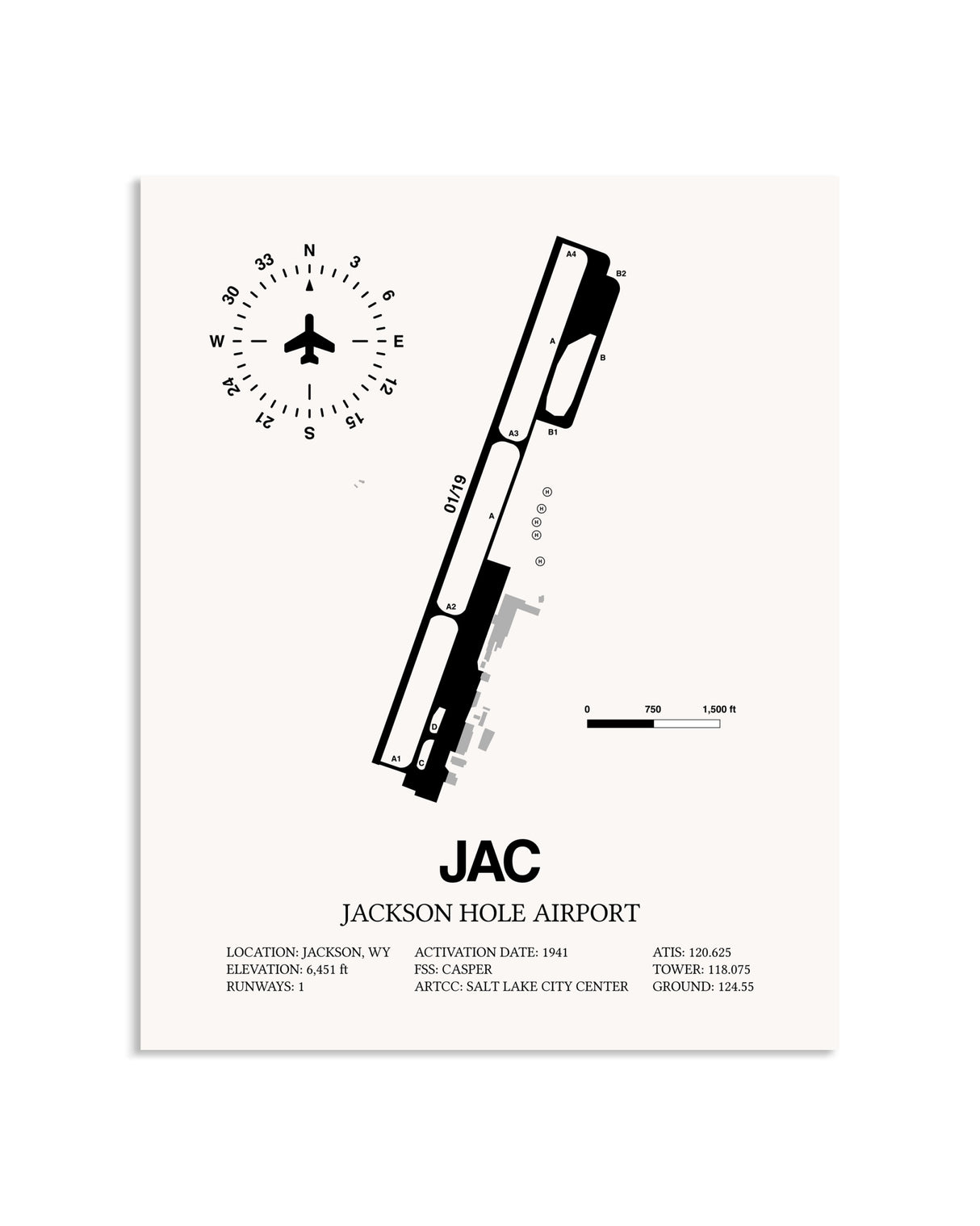 Gray Jackson Hole Airport framed poster displayed in an airplane hangar