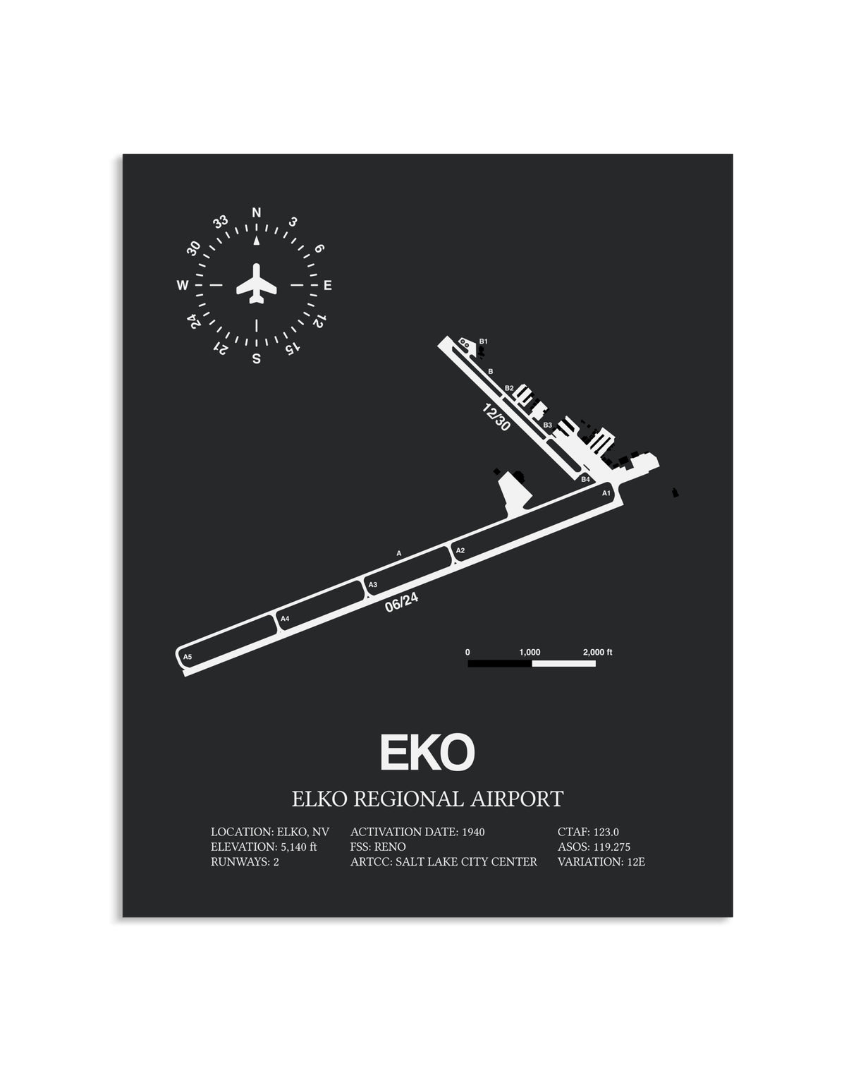 Gray Framed Elko Regional Airport layout wall art poster