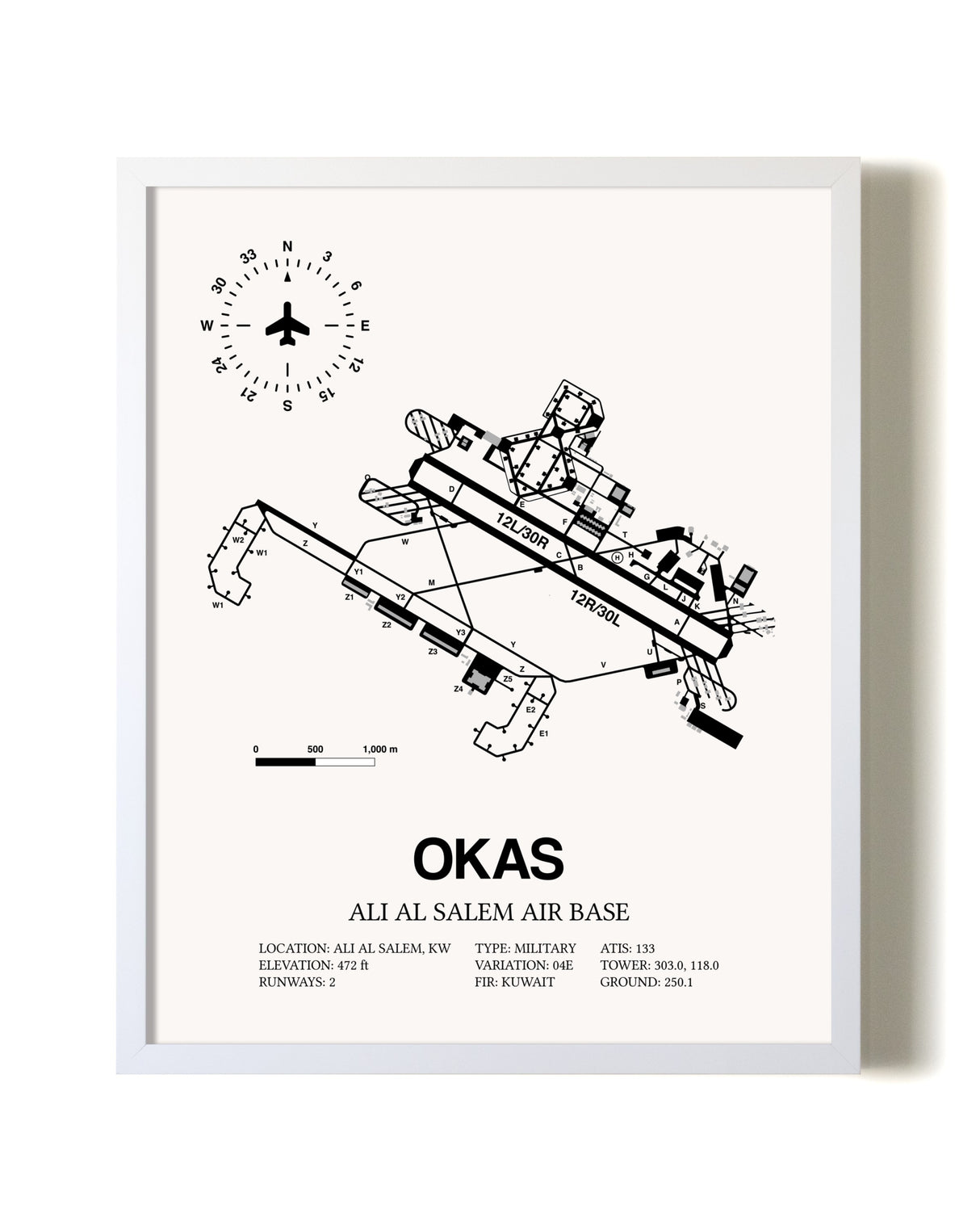 Ali Al Salem Air Base airport map poster in oak frame