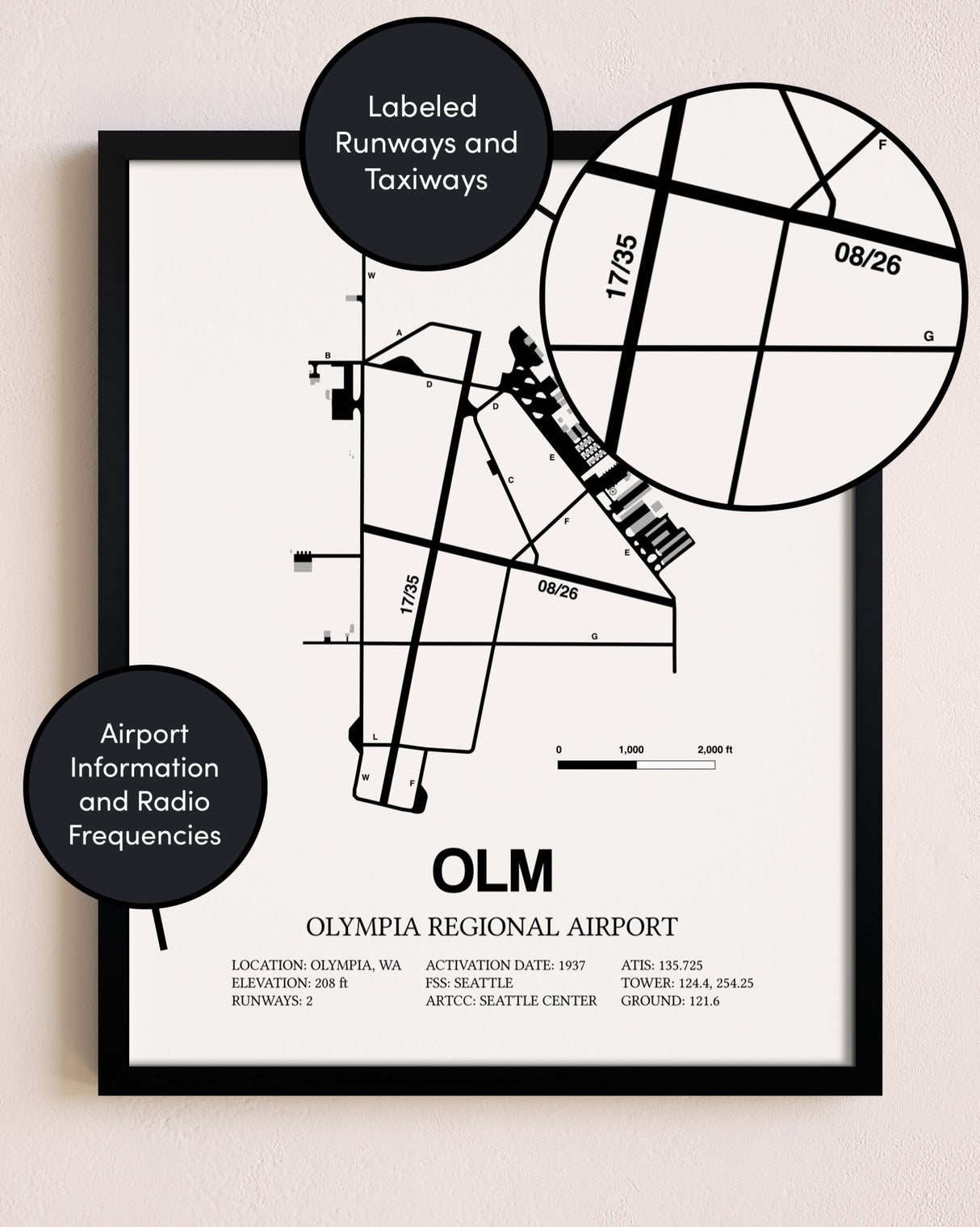 Framed Olympia Regional Airport layout wall art poster