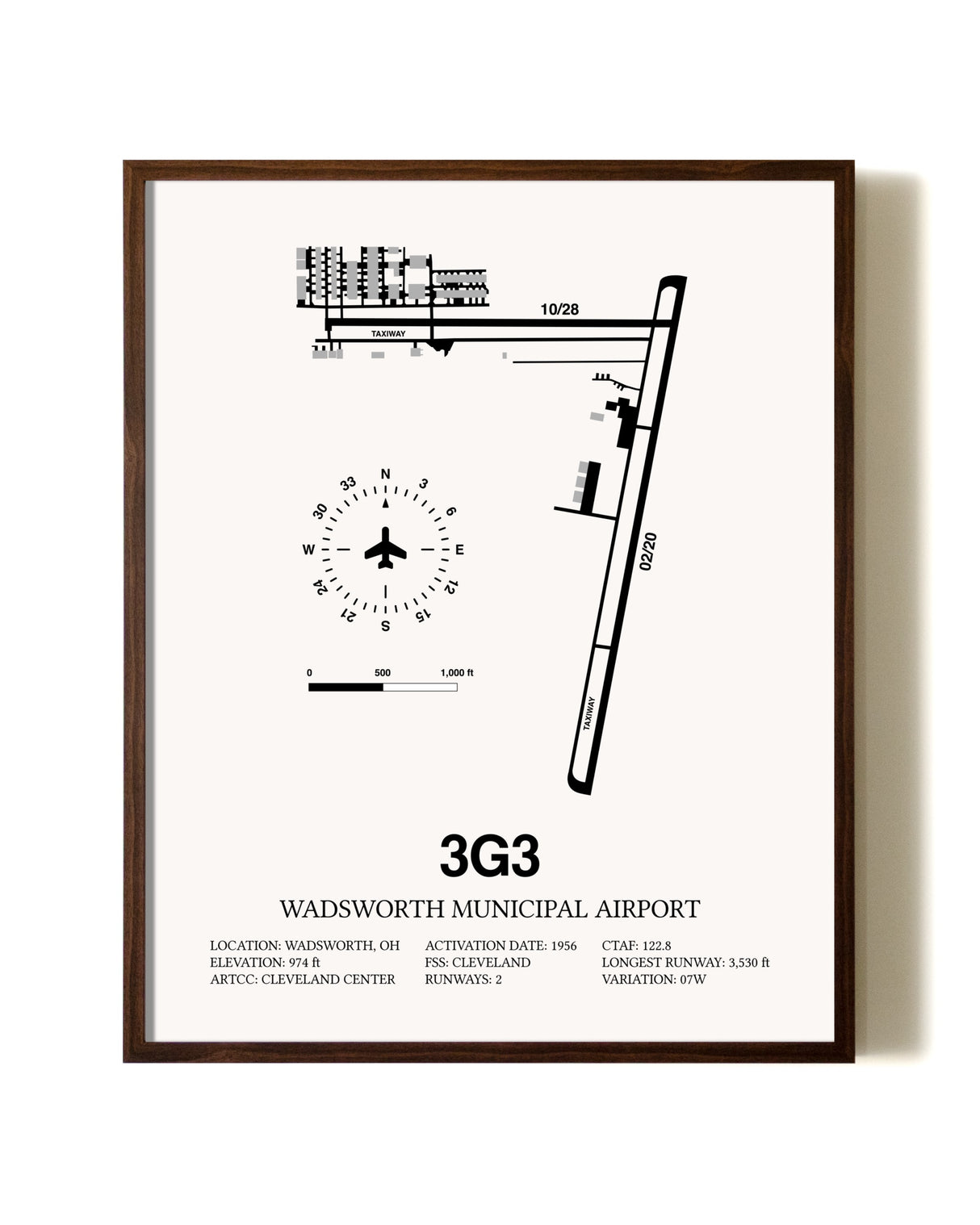 Wadsworth Municipal Airport aviation print in walnut frame