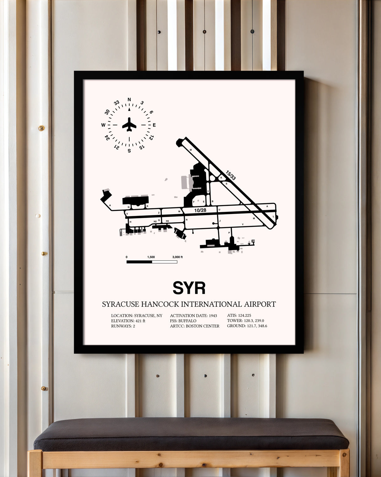 Syracuse Hancock International Airport framed poster displayed in an airplane hangar
