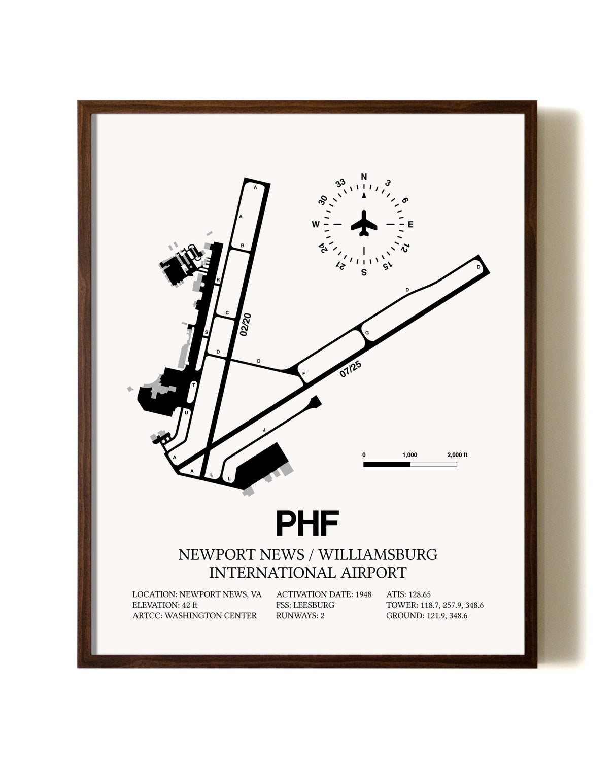 Newport News / Williamsburg International Airport aviation print in walnut frame