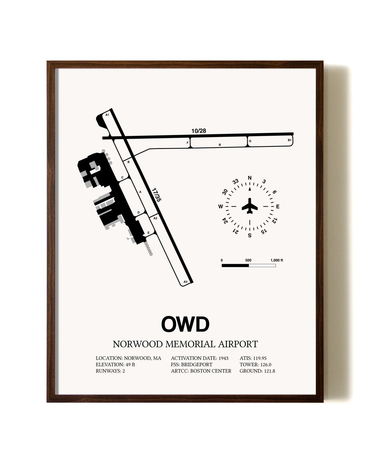 Norwood Memorial Airport aviation print in walnut frame