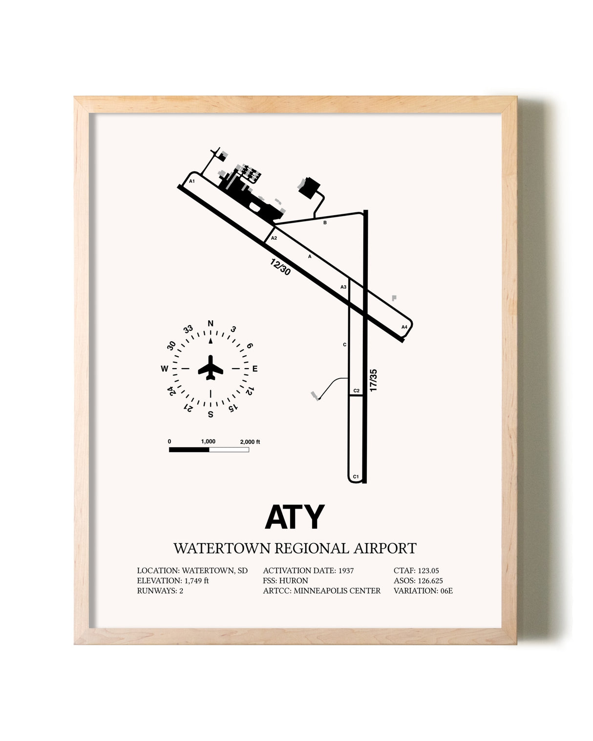Watertown Regional Airport framed wall art in white frame