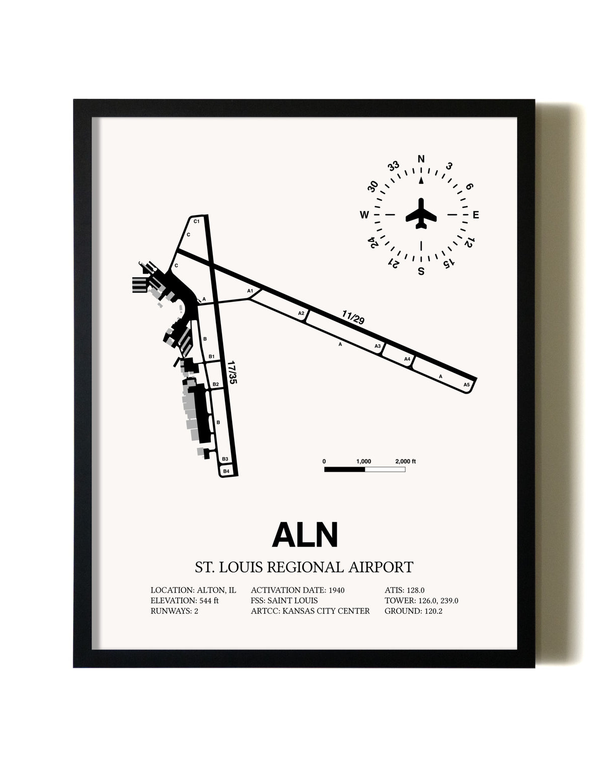 Framed St. Louis Regional Airport wall art poster in black frame