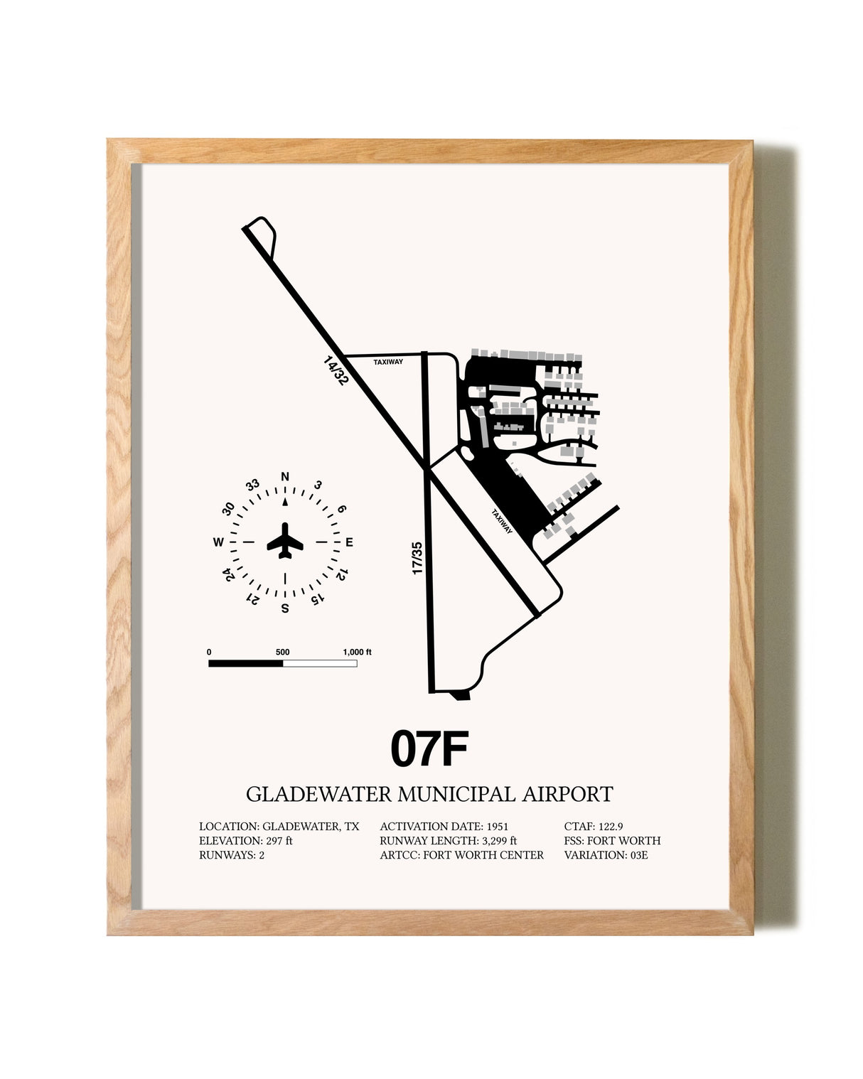 Gladewater Municipal Airport framed print in natural wood frame
