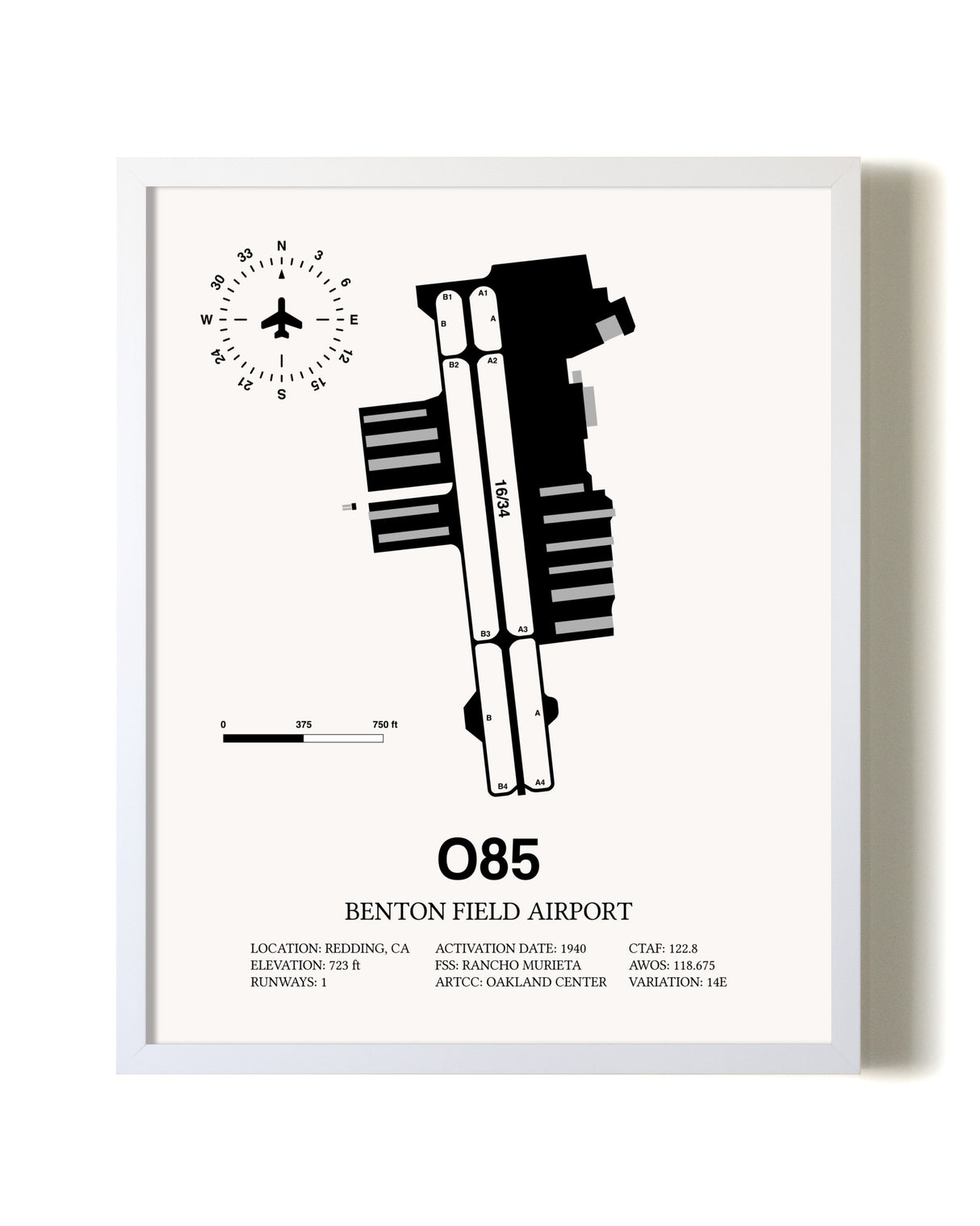 Benton Field Airport airport map poster in oak frame