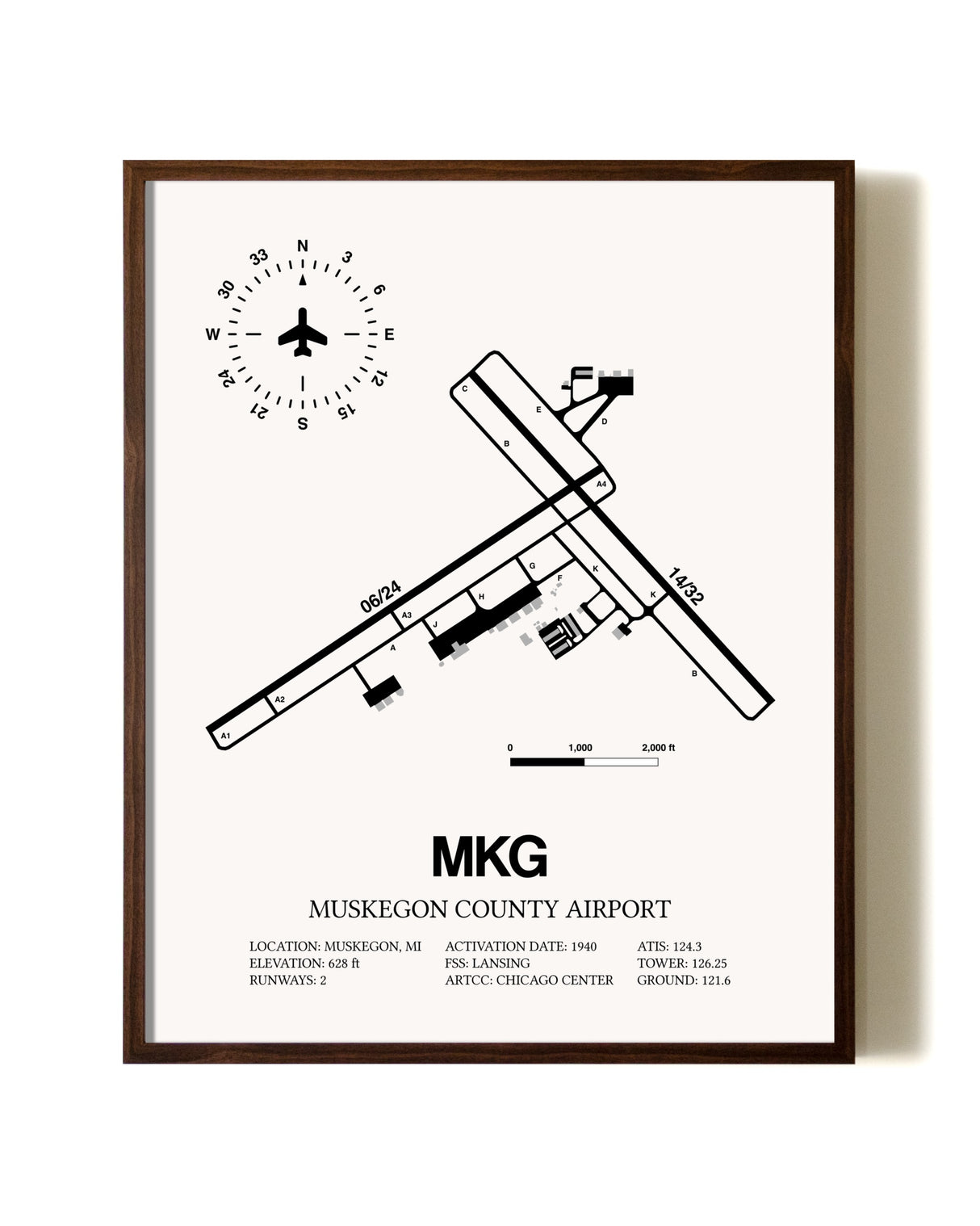 Muskegon County Airport aviation print in walnut frame