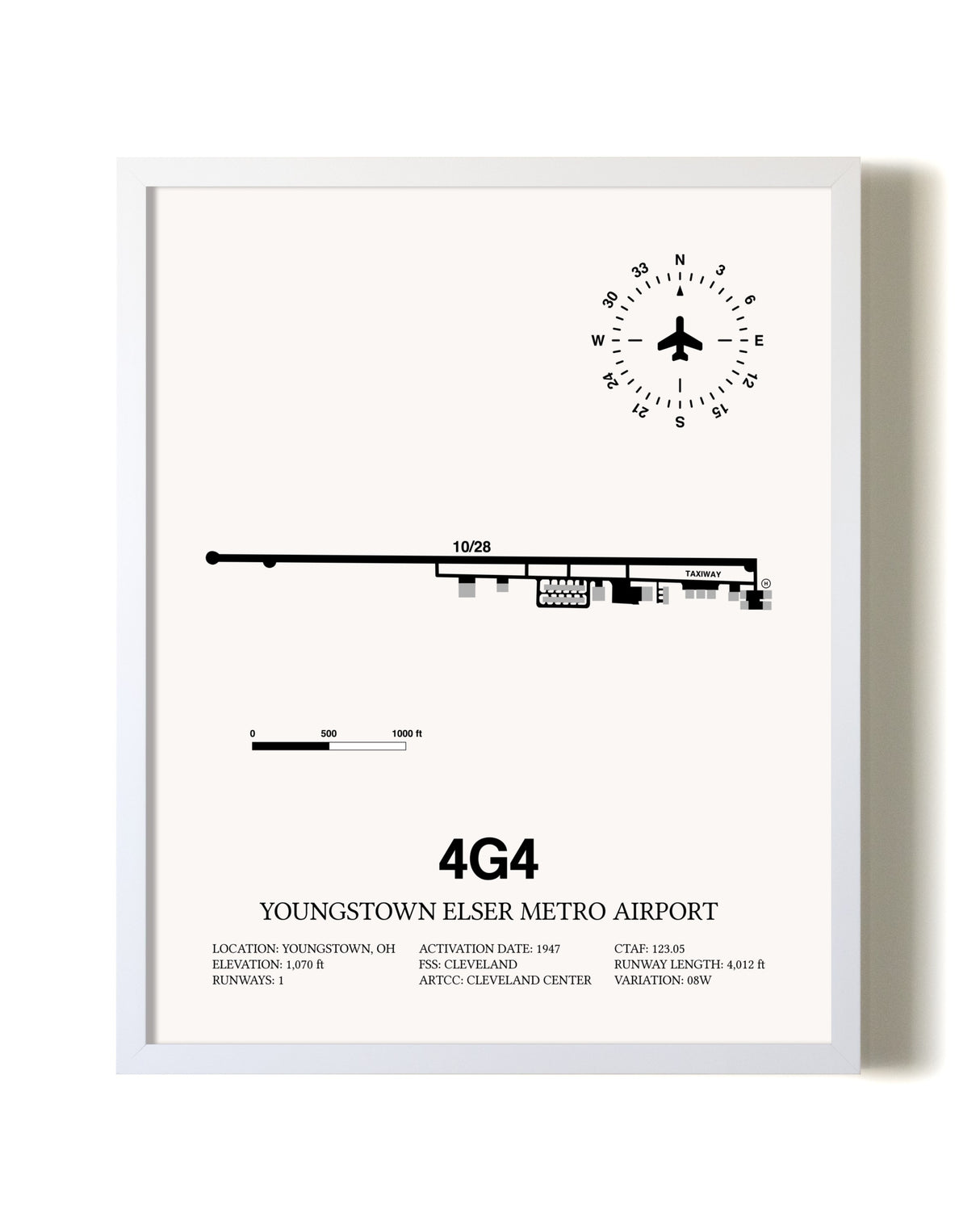 Youngstown Elser Metro Airport airport map poster in oak frame
