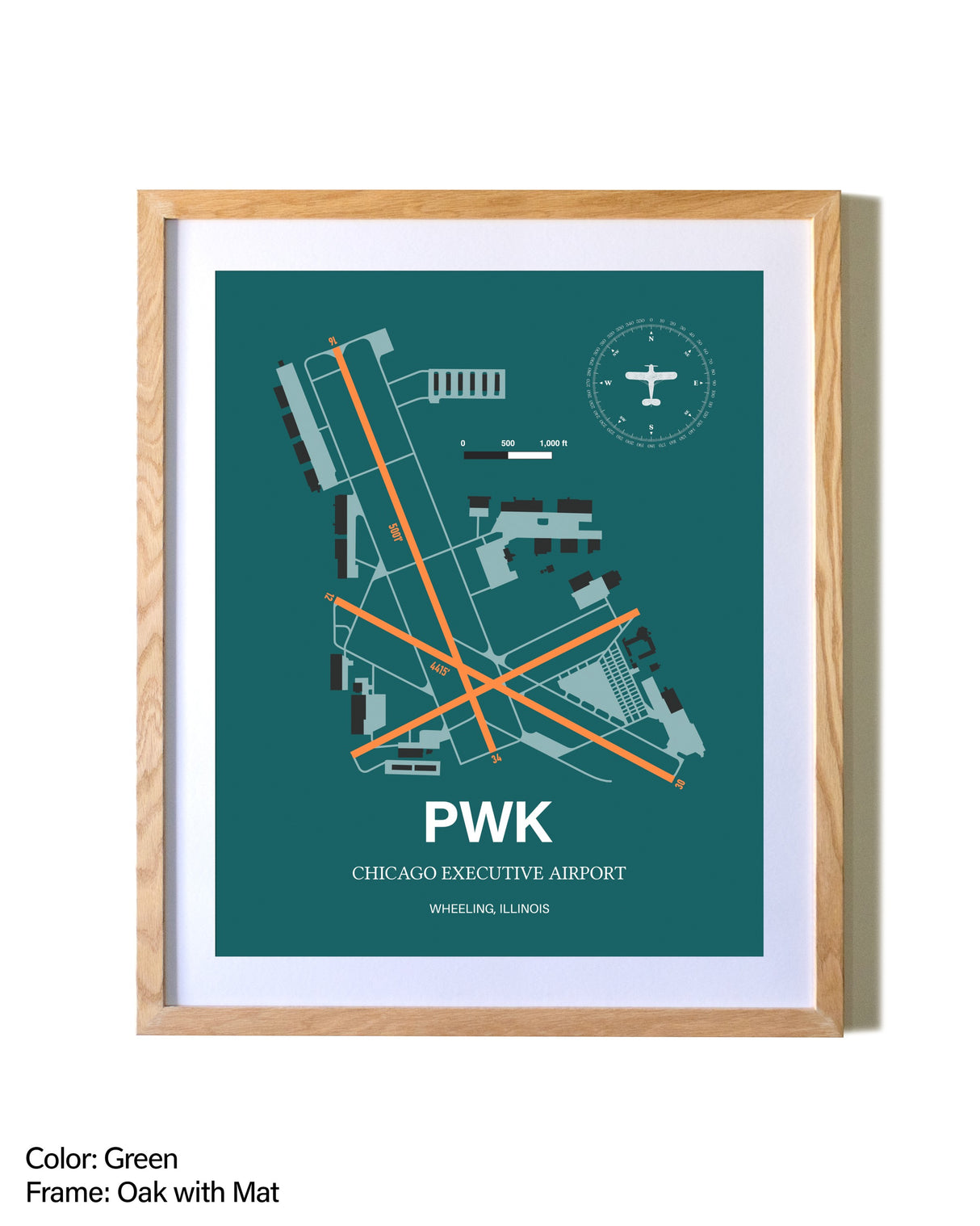 Chicago Executive Airport airport map poster in oak frame with mat
