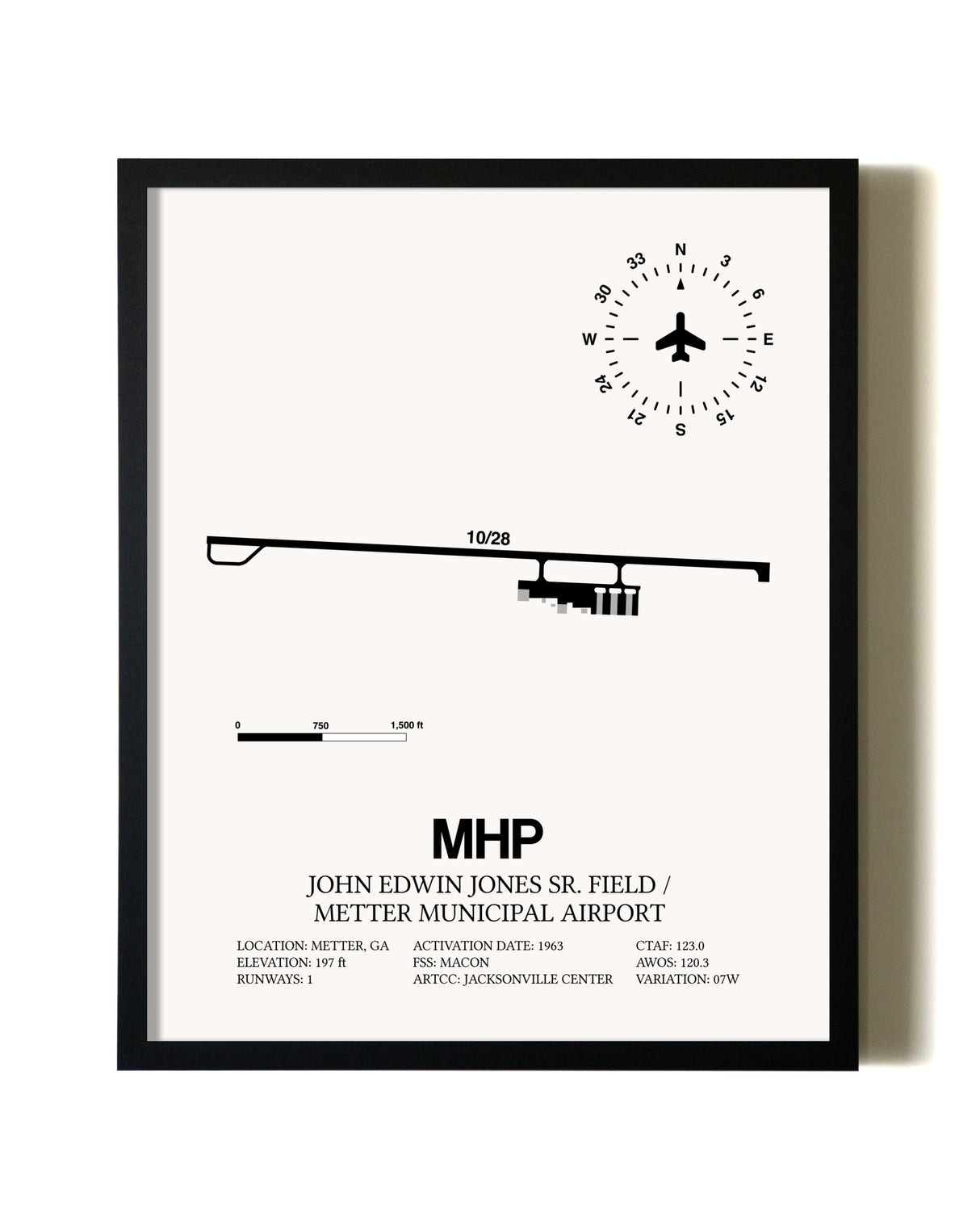 Framed John Edwin Jones Sr Field / Metter Municipal Airport wall art poster in black frame