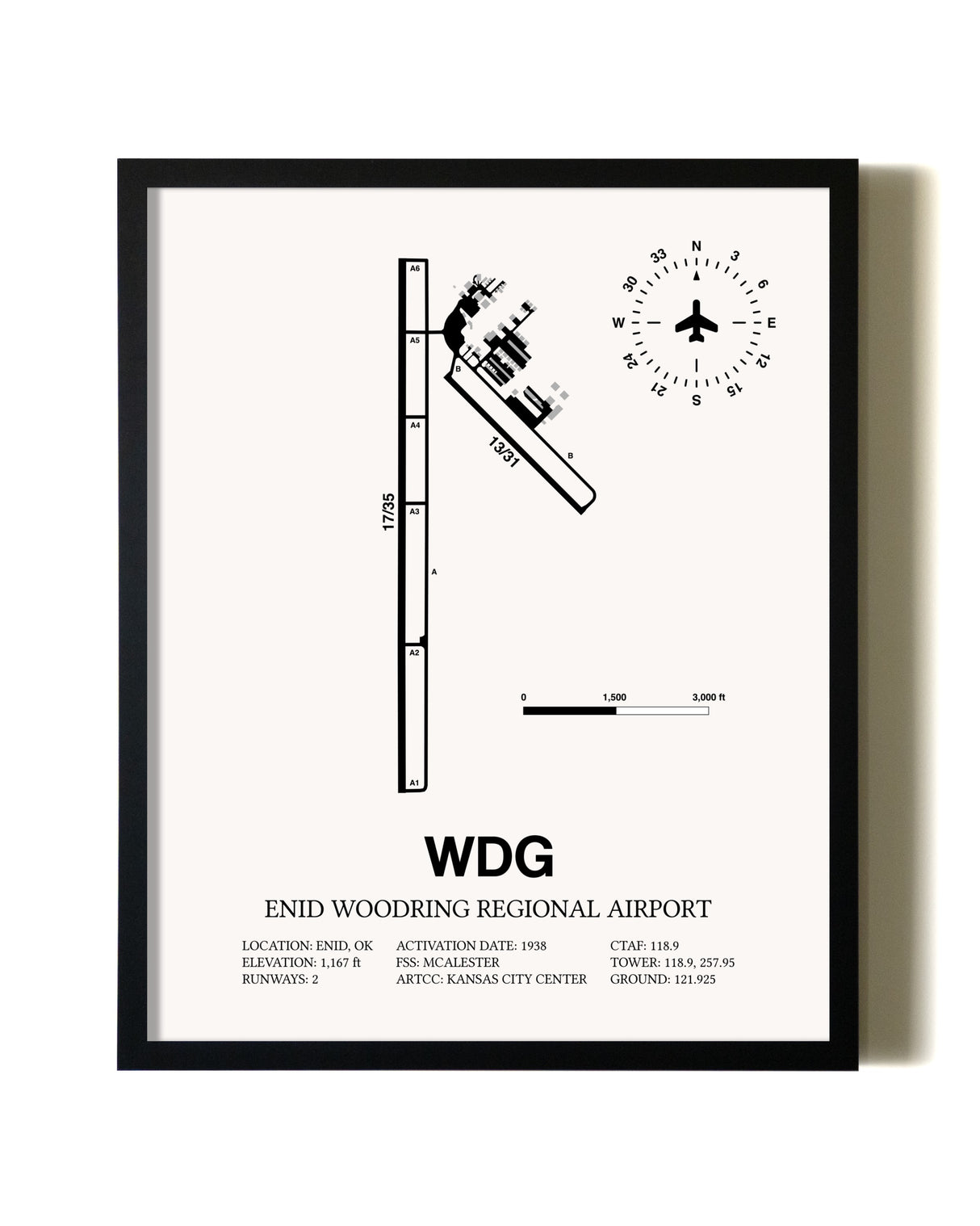 Framed Enid Woodring Regional Airport wall art poster in black frame