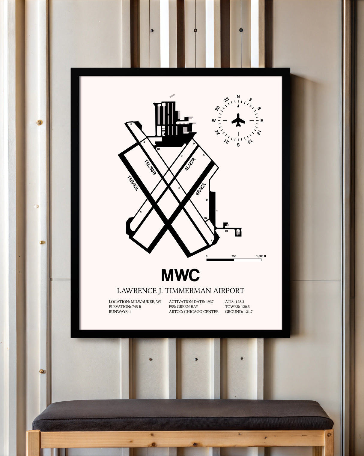 Lawrence J. Timmerman Airport framed poster displayed in an airplane hangar