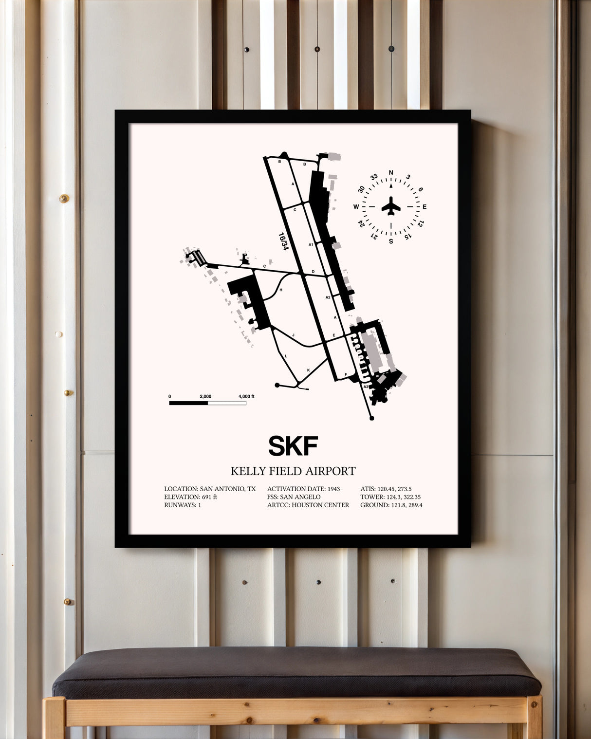 Kelly Field Airport framed poster displayed in an airplane hangar