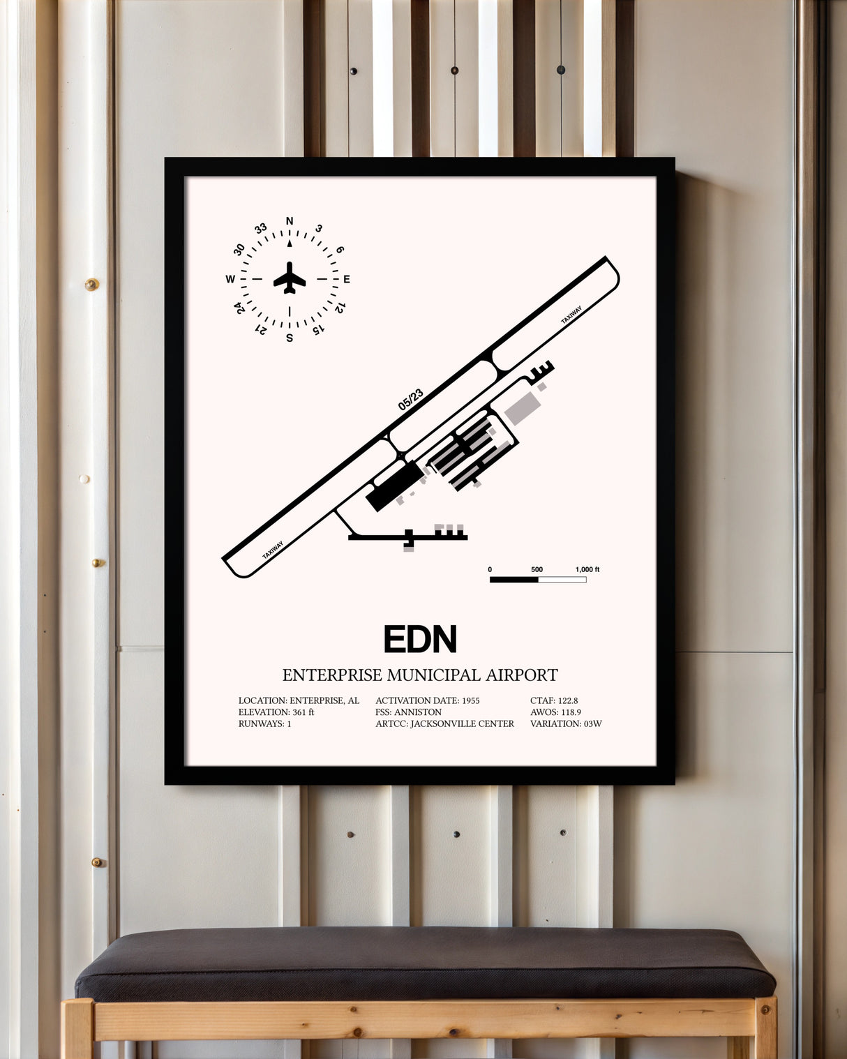 Enterprise Municipal Airport framed poster displayed in an airplane hangar