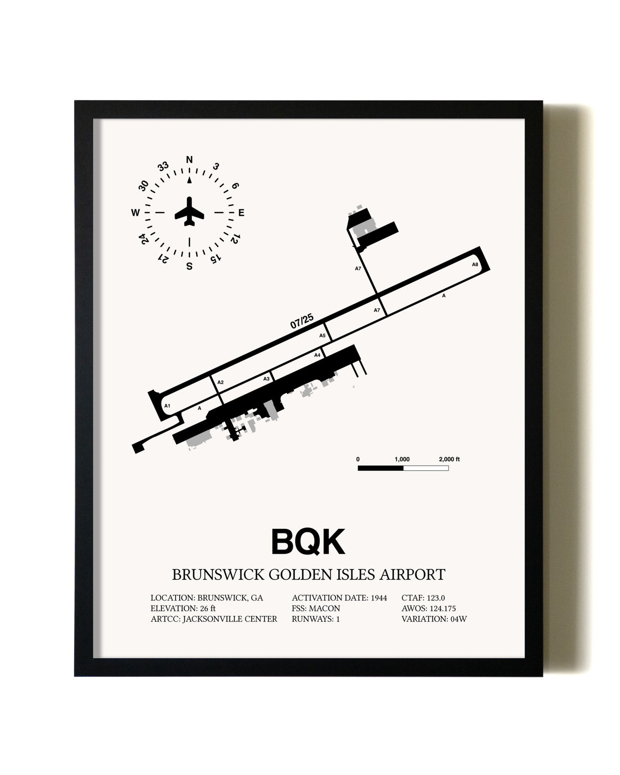 Framed Brunswick Golden Isles Airport wall art poster in black frame