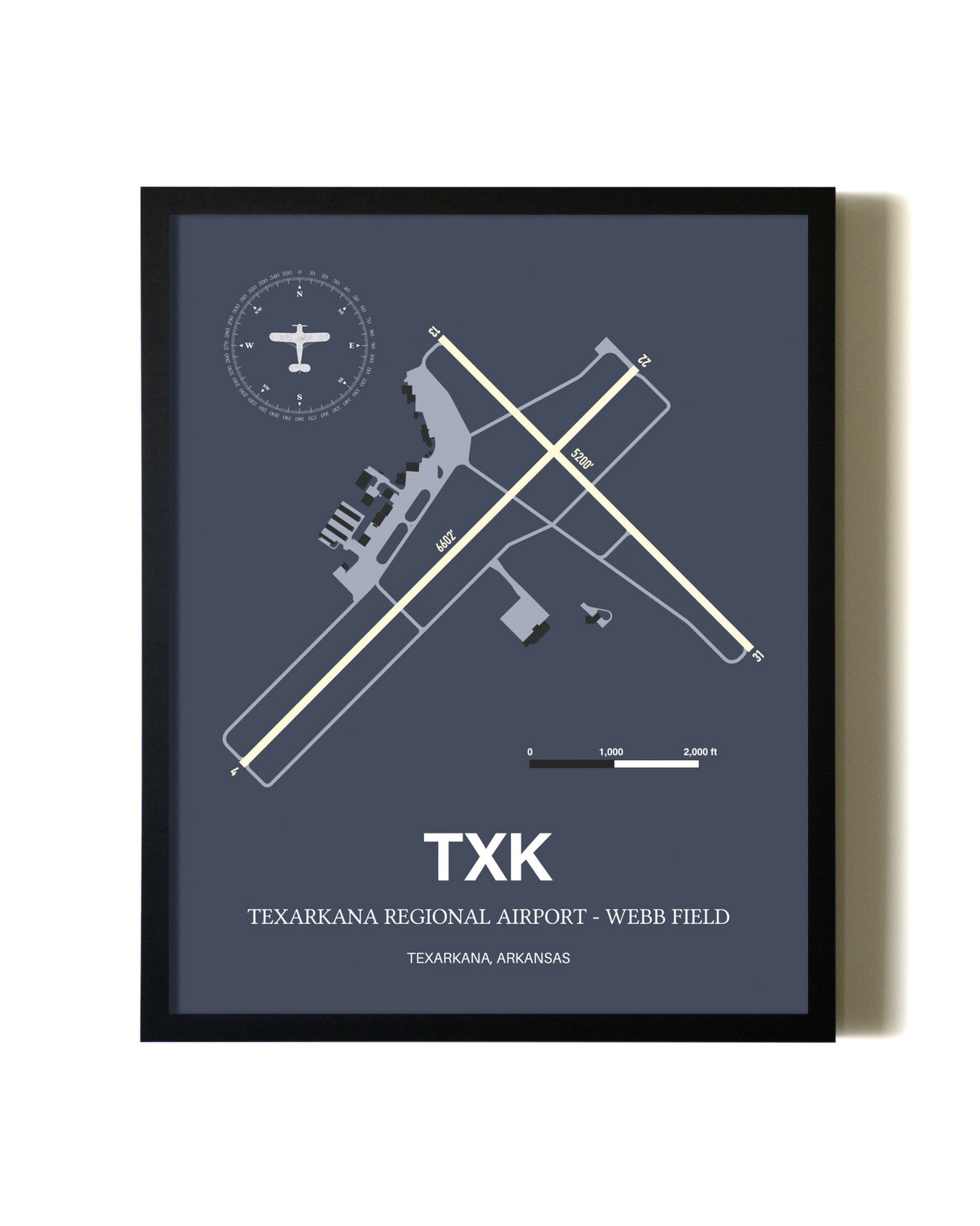 Blue and Cream Framed Texarkana Regional Airport - Webb Field layout wall art poster