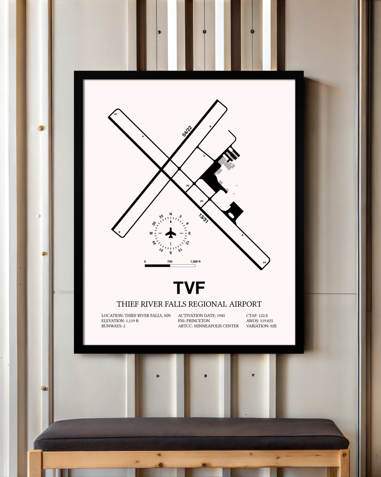 Thief River Falls Regional Airport framed poster displayed in an airplane hangar