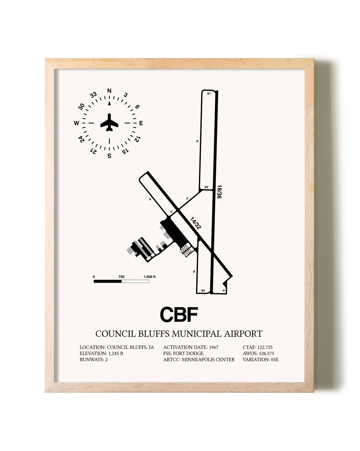Council Bluffs Municipal Airport framed wall art in white frame