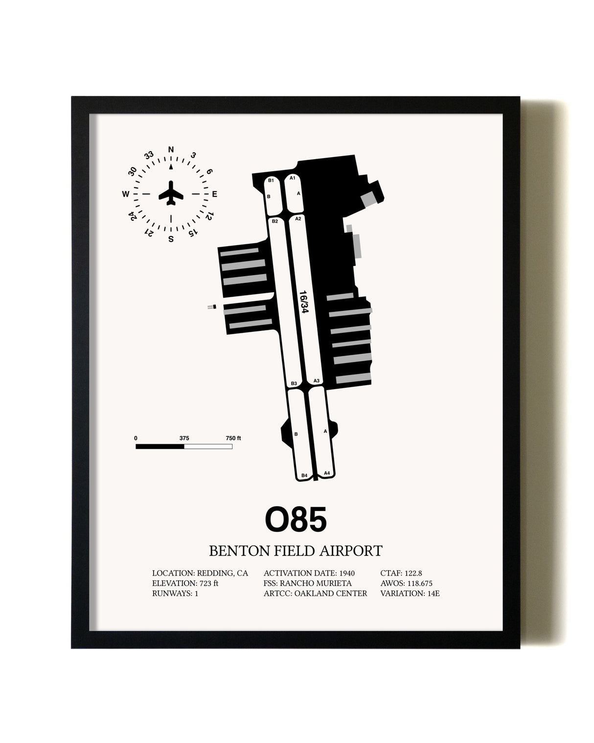 Framed Benton Field Airport wall art poster in black frame