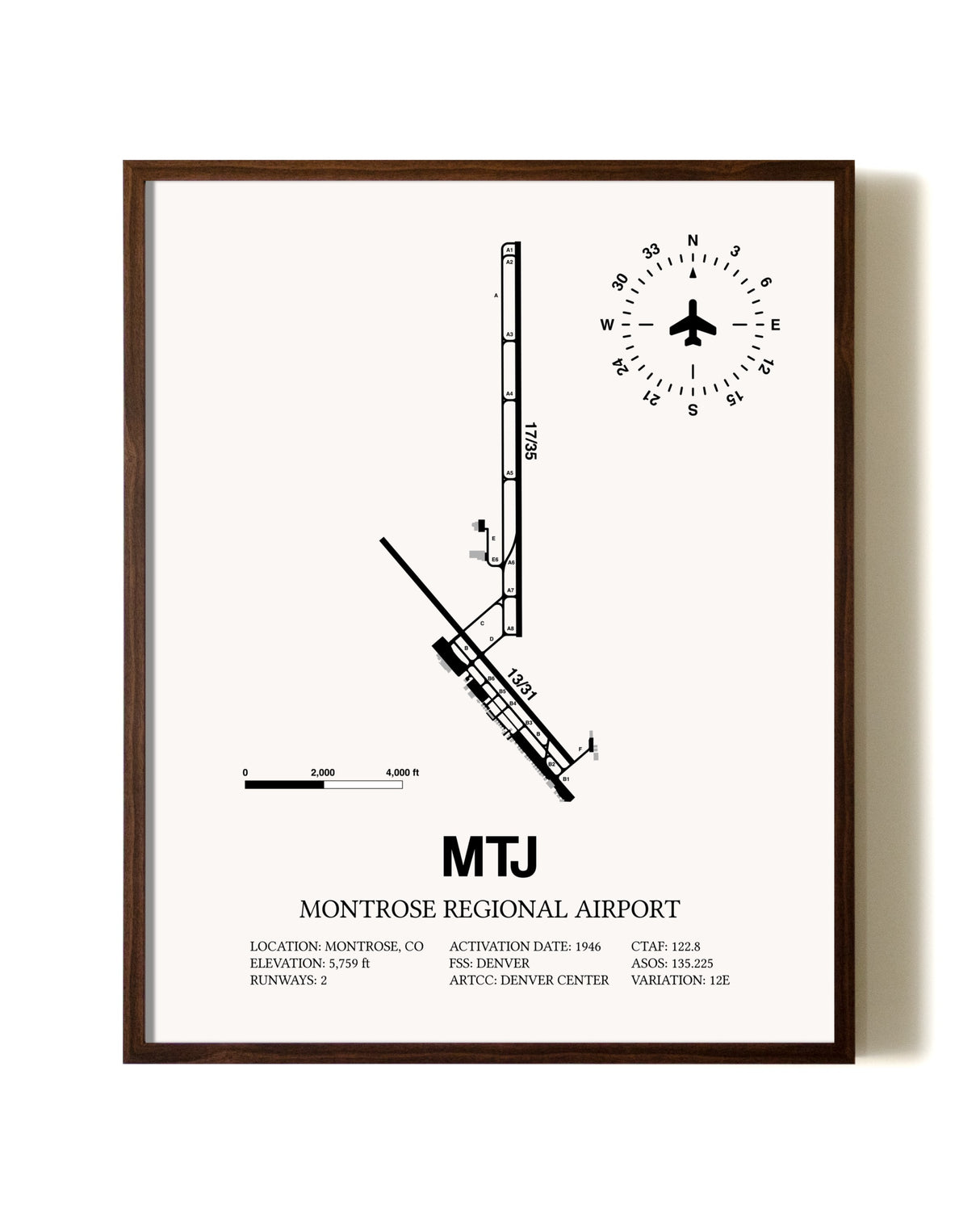 Montrose Regional Airport aviation print in walnut frame