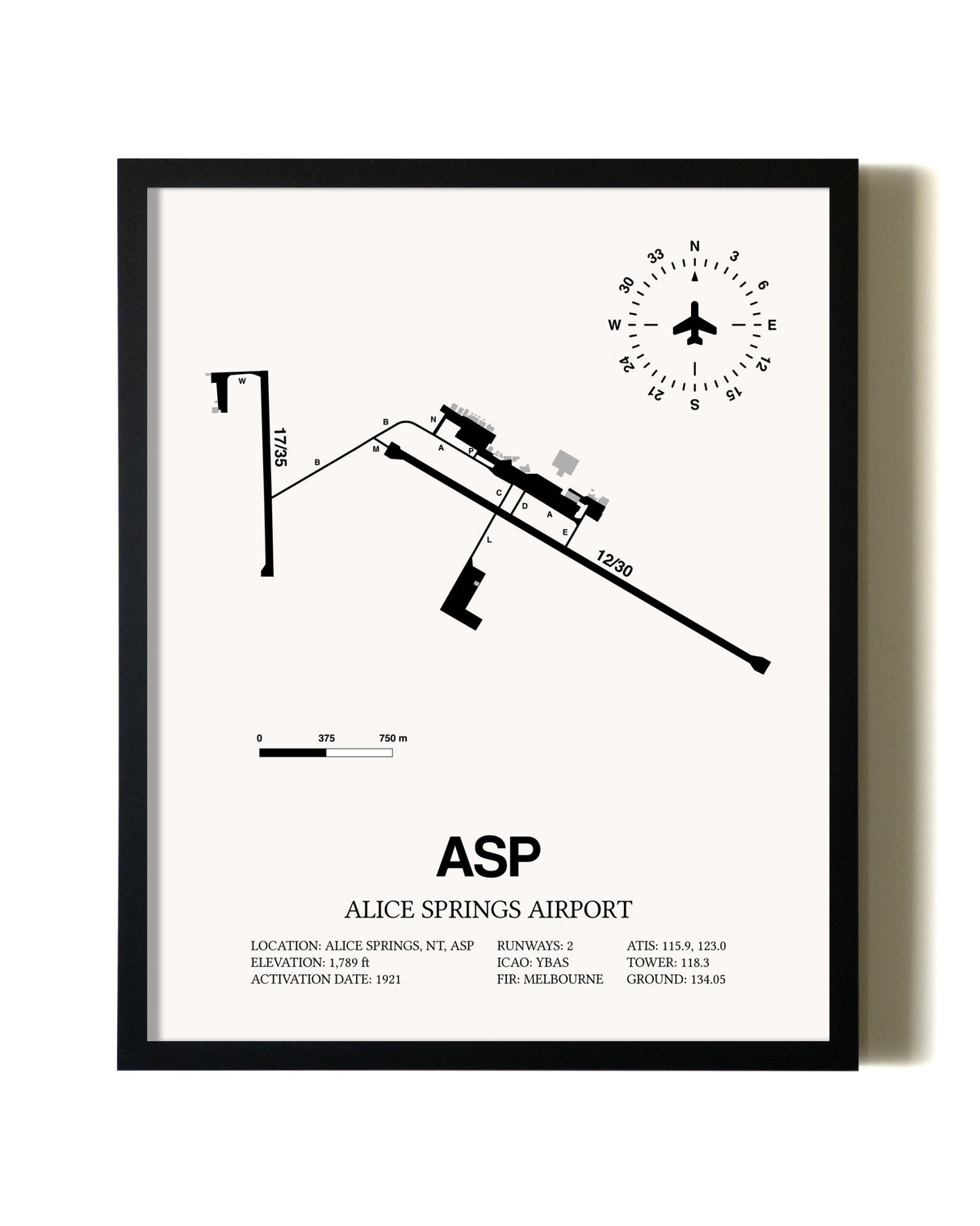Framed Alice Springs Airport wall art poster in black frame