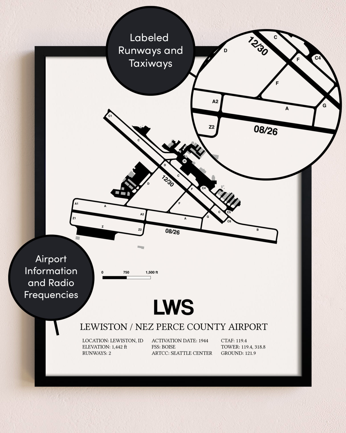 Framed Lewiston / Nez Perce County Airport layout wall art poster