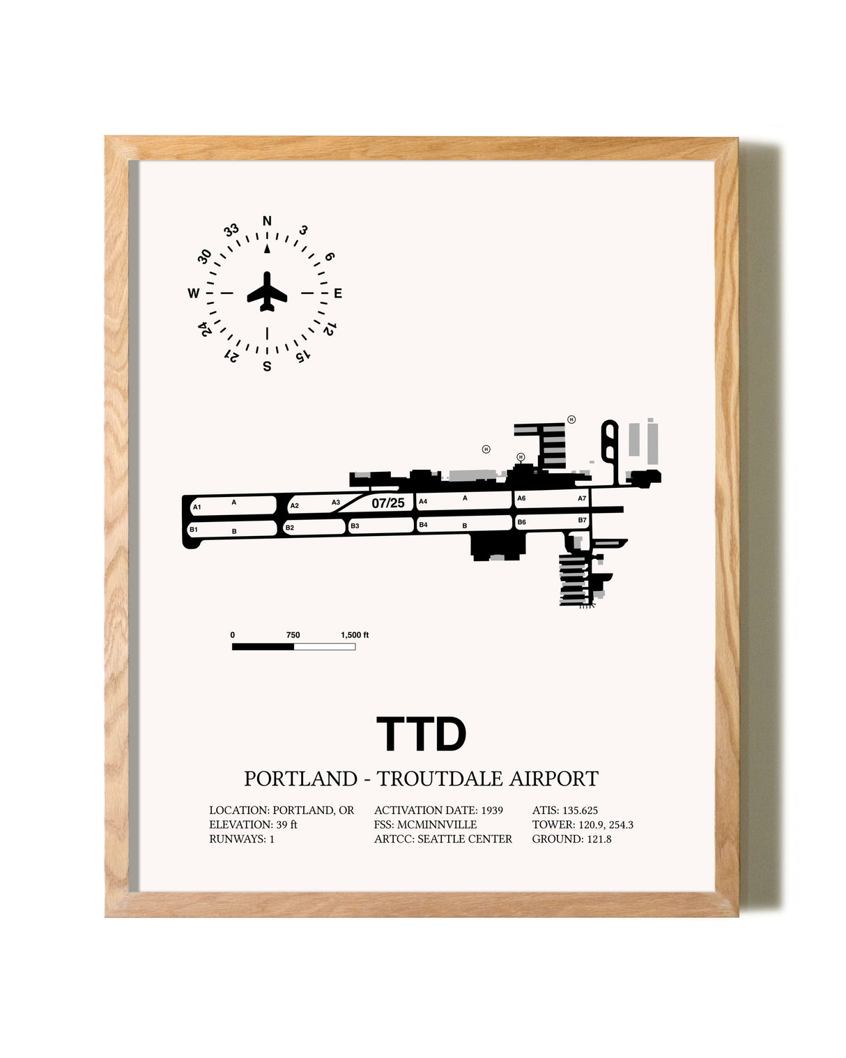 Portland-Troutdale Airport framed print in natural wood frame