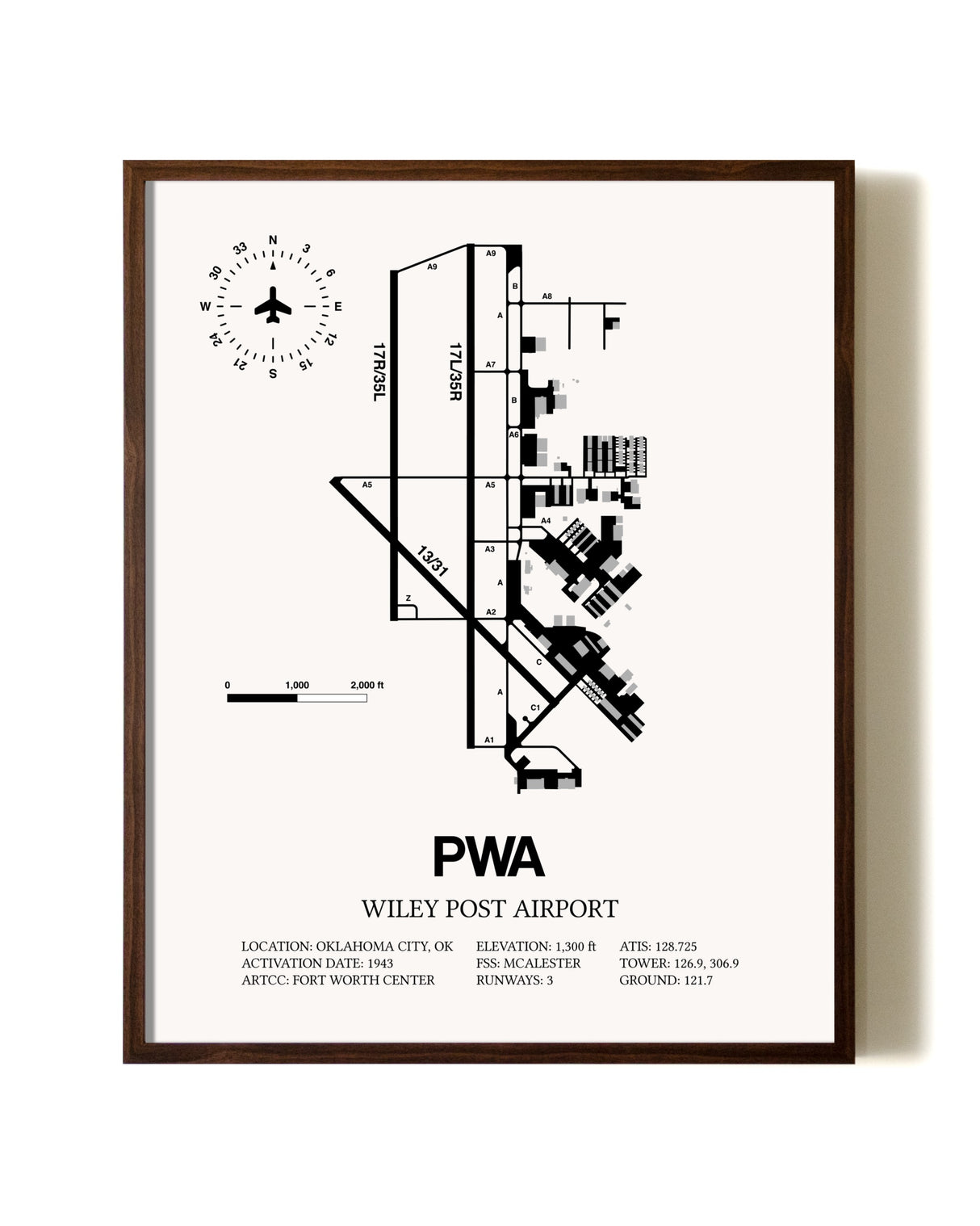 Wiley Post Airport aviation print in walnut frame