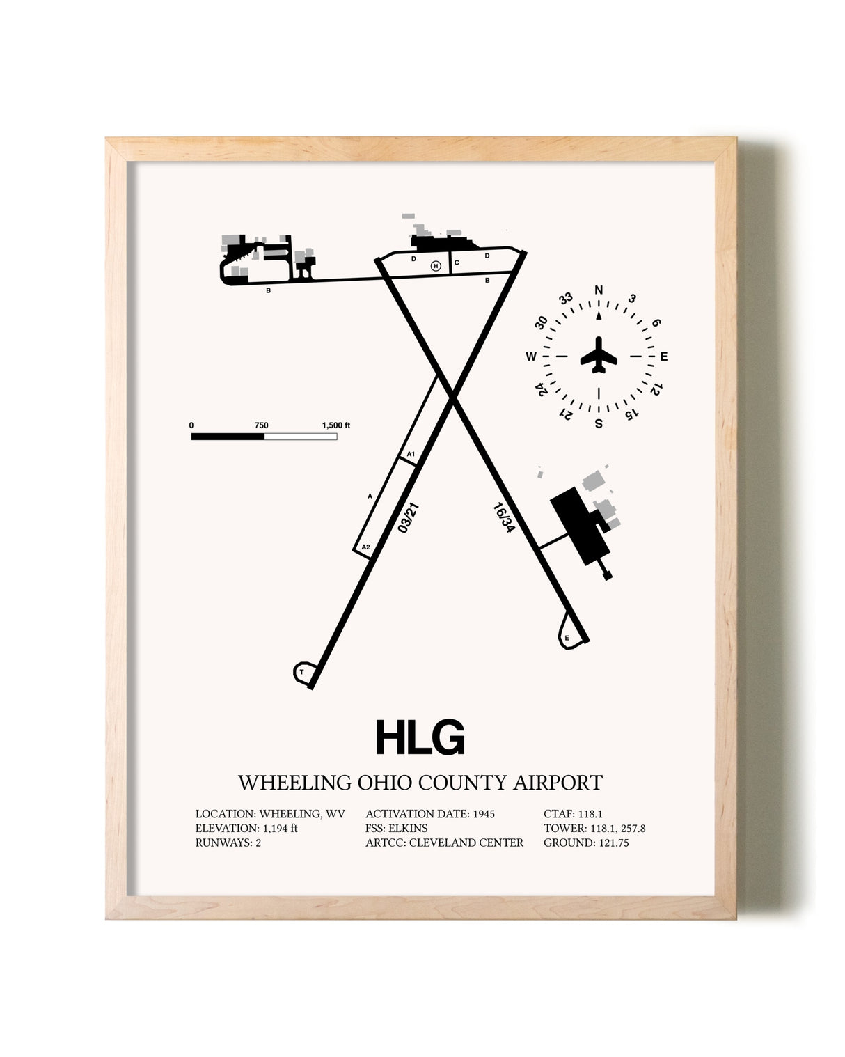Wheeling Ohio County Airport framed wall art in white frame