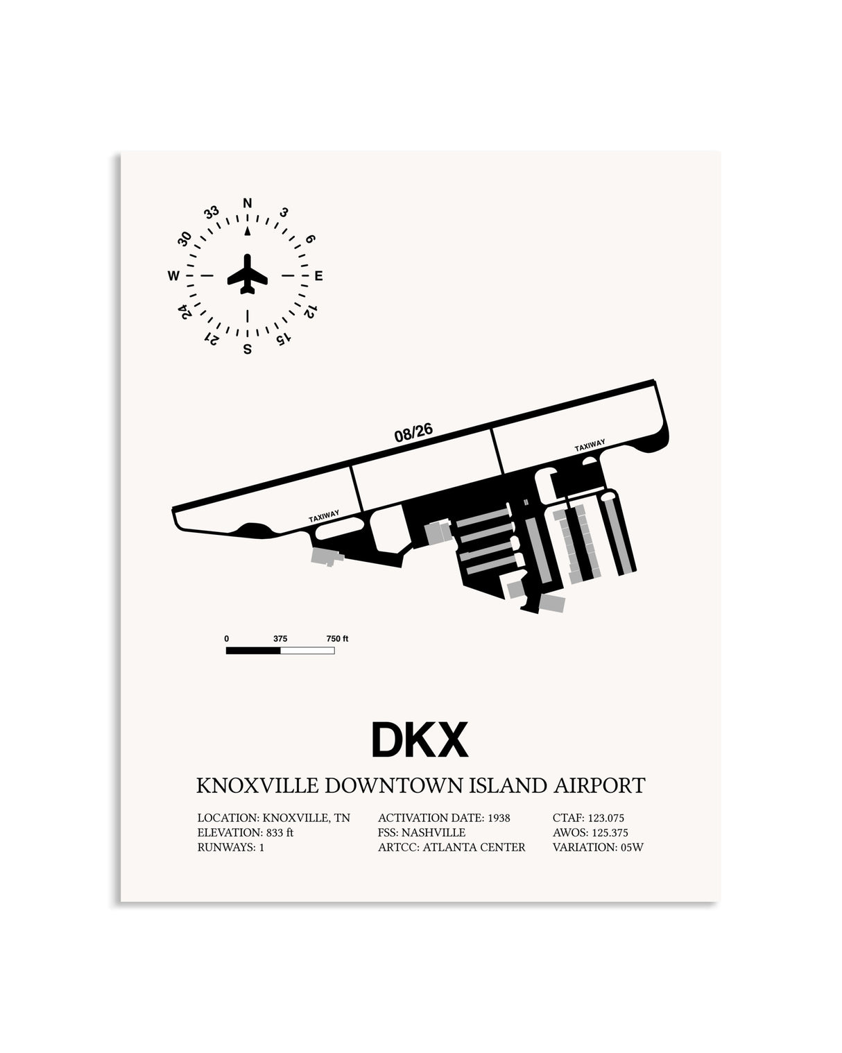 Gray Knoxville Downtown Island Airport framed poster displayed in an airplane hangar