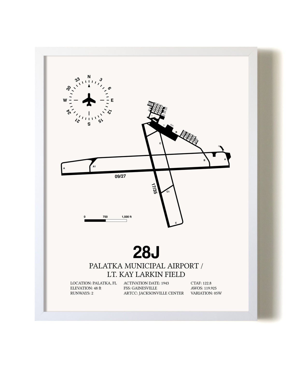 Palatka Municipal Airport / Lt. Kay Larkin Field airport map poster in oak frame