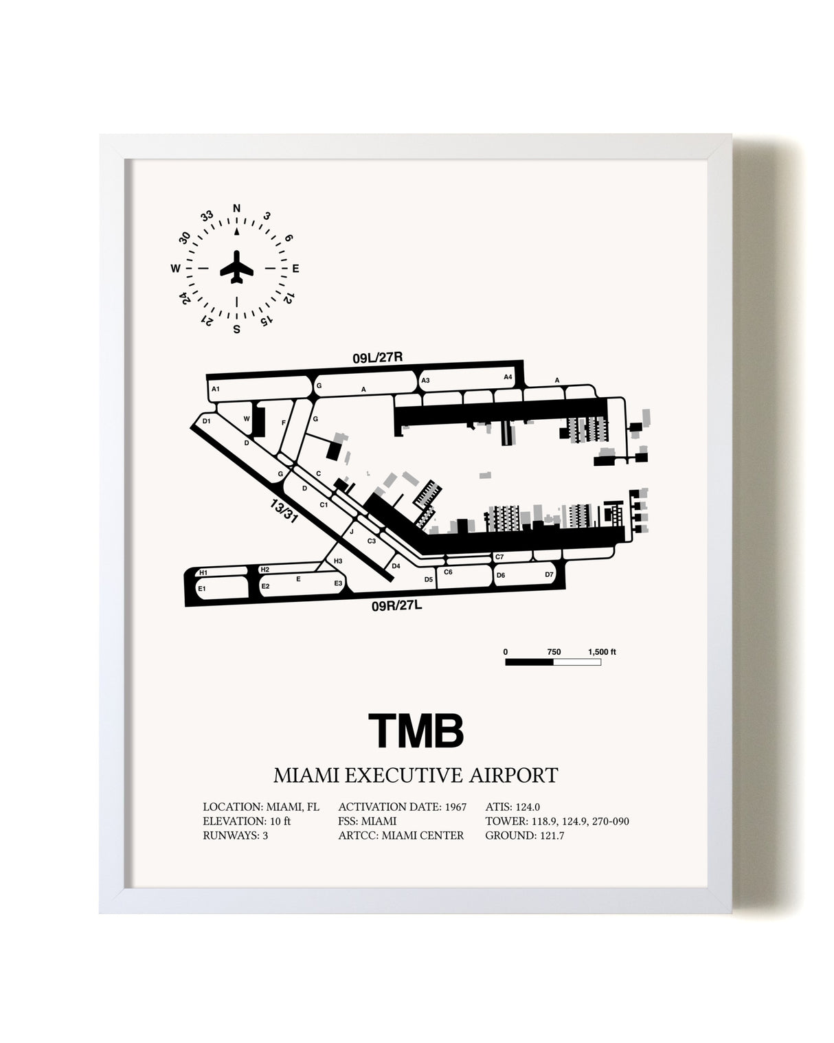 Miami Executive Airport airport map poster in oak frame