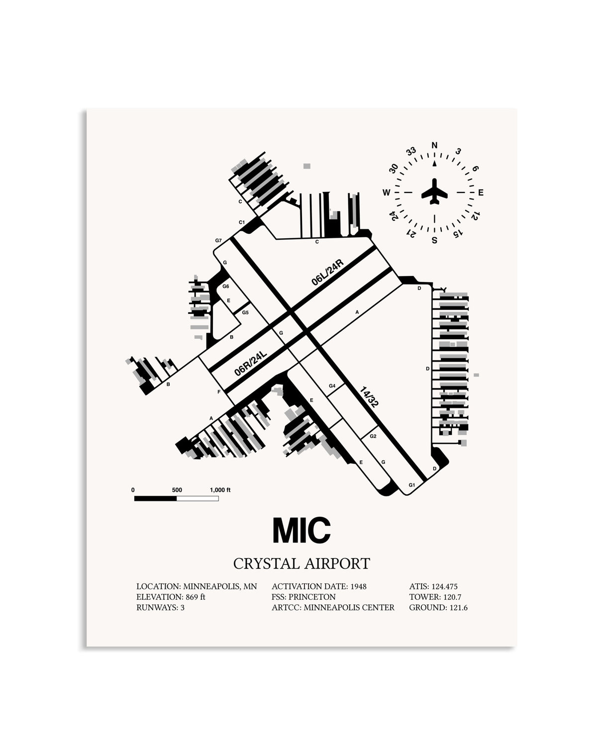 Gray Crystal Airport framed poster displayed in an airplane hangar