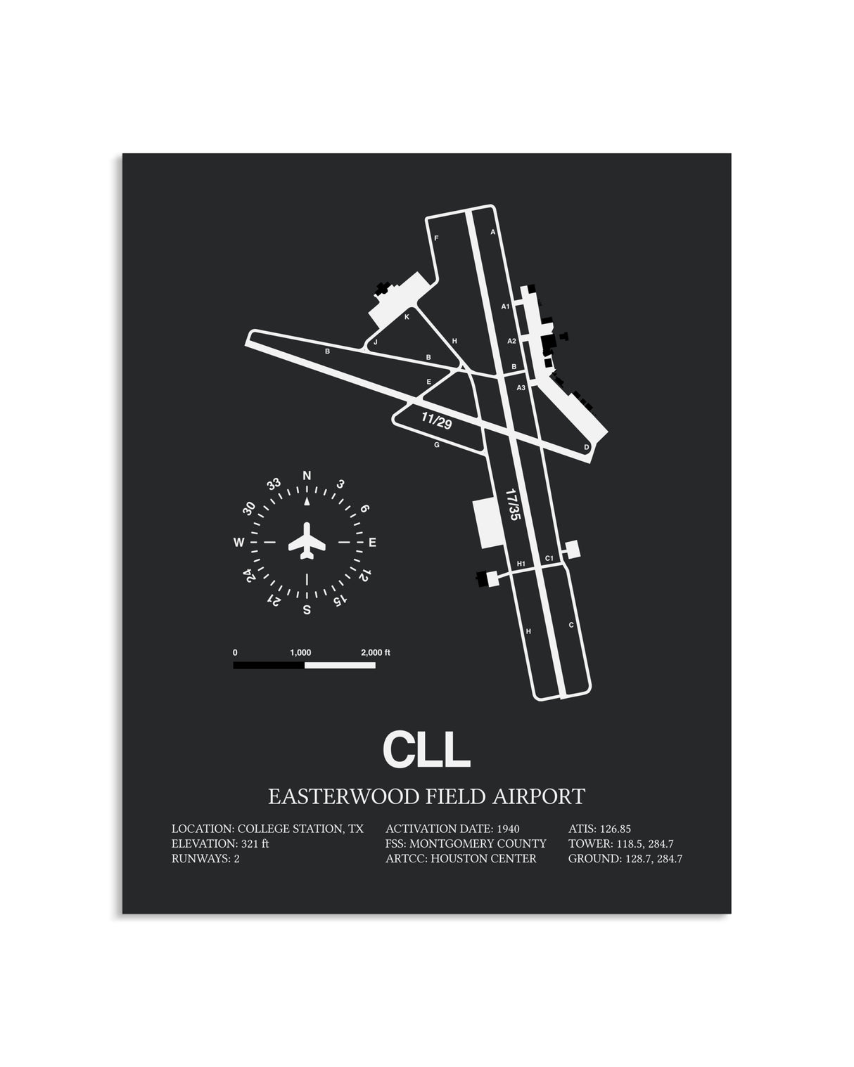 Gray Framed Easterwood Field Airport layout wall art poster