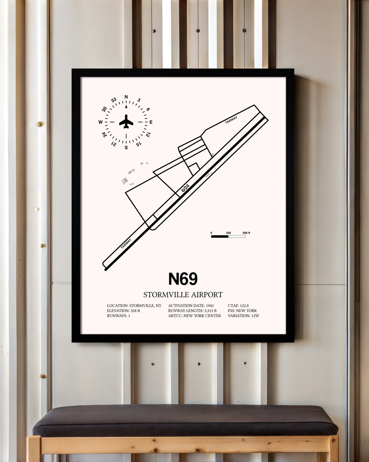 Stormville Airport framed poster displayed in an airplane hangar