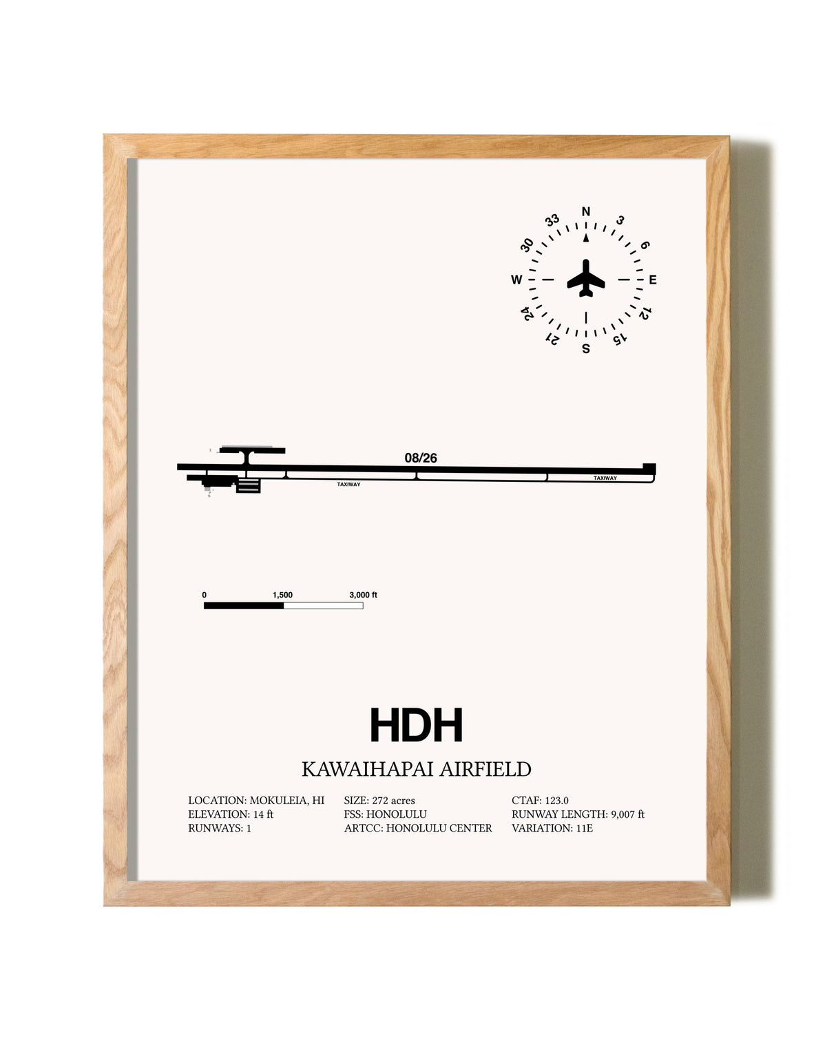 Kawaihapai Airfield framed print in natural wood frame