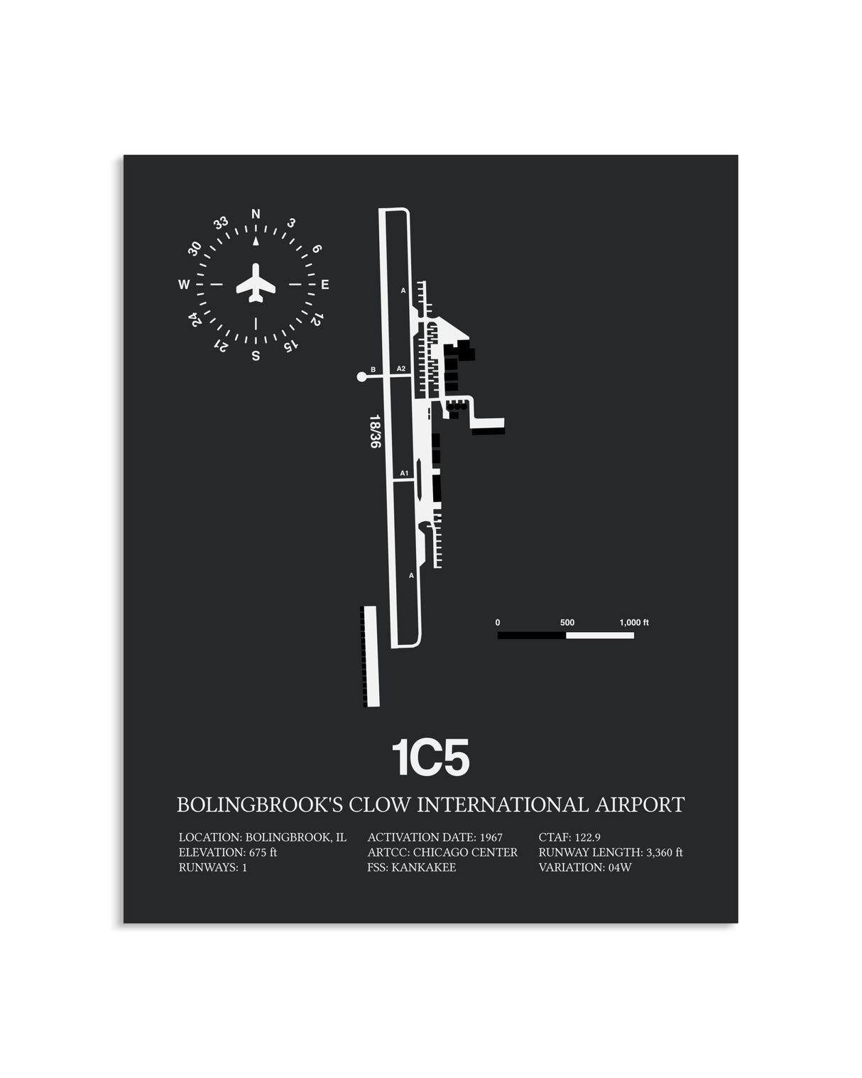 Gray Framed Bolingbrook's Clow International Airport layout wall art poster