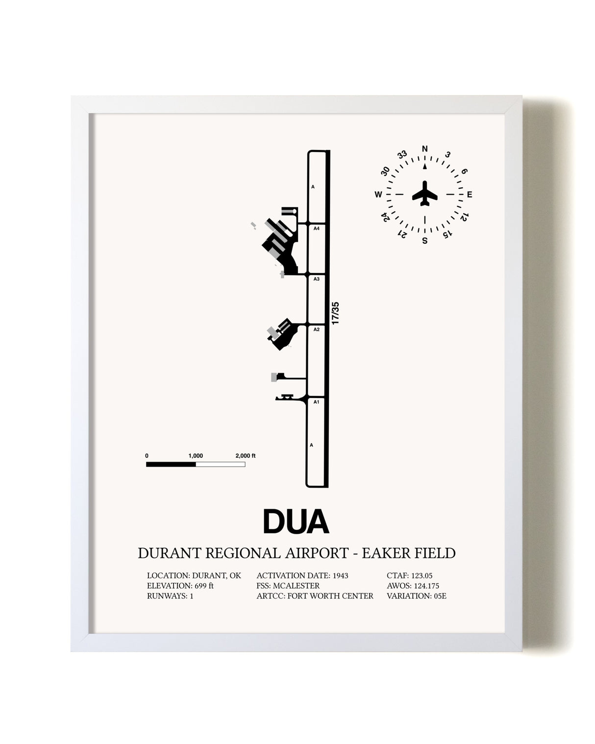 Durant Regional Airport-Eaker Field airport map poster in oak frame