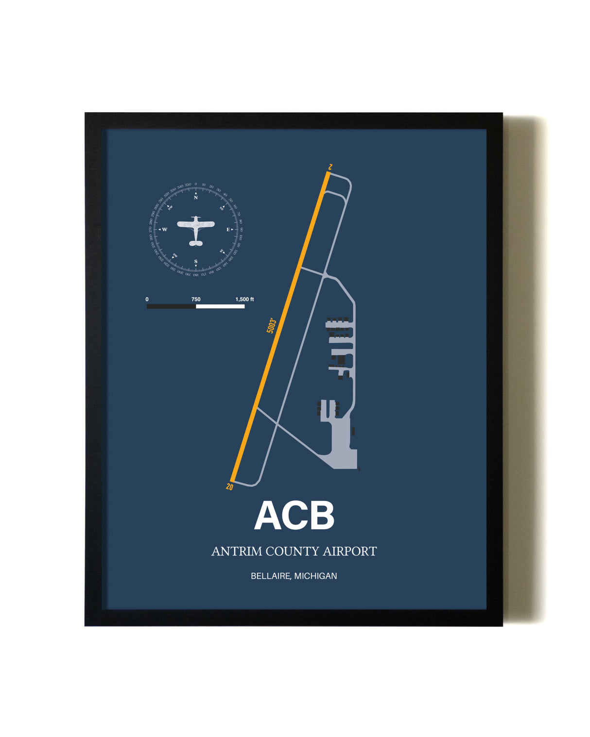 Blue and Yellow Framed Antrim County Airport wall art poster in black frame
