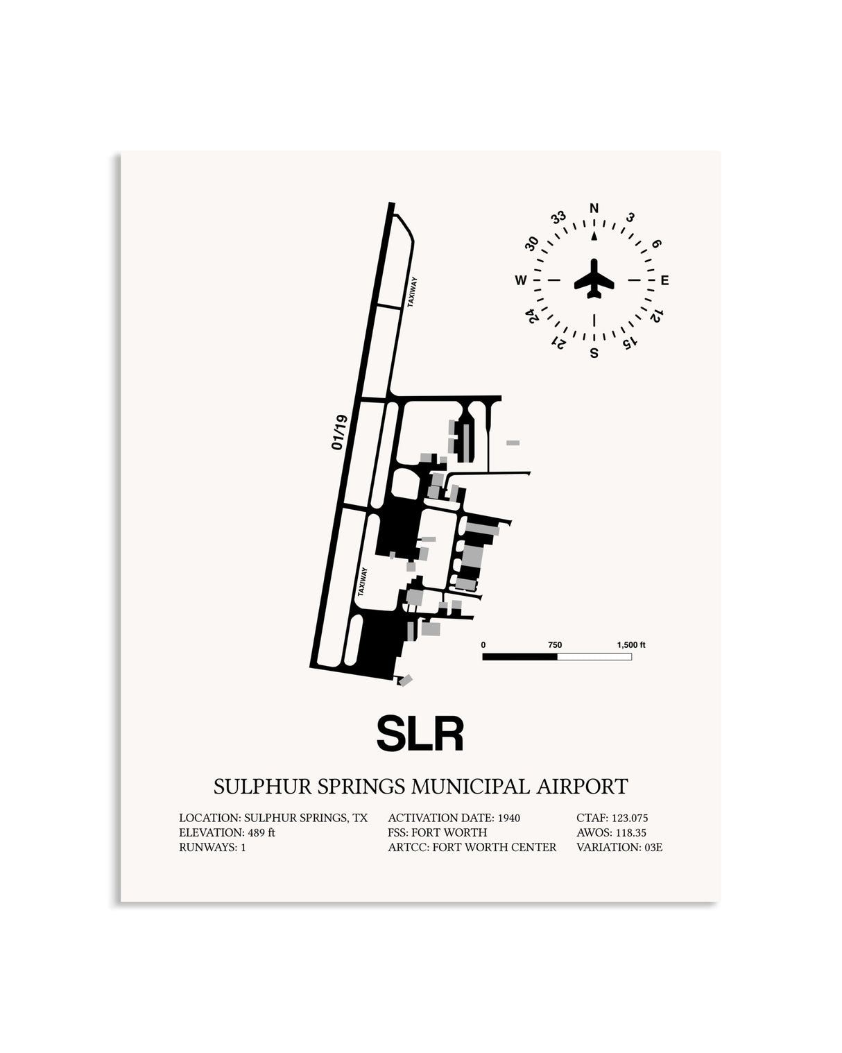 Gray Sulphur Springs Municipal Airport framed poster displayed in an airplane hangar